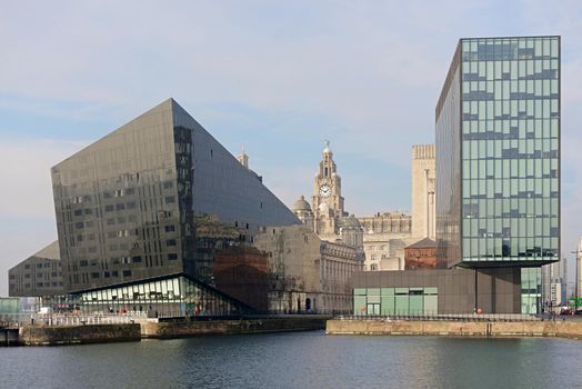 Liverpool, United Kingdom, 2nd February, 2020: Full frame image of the Mann island complex in liverpool with the iconic liver building as background.