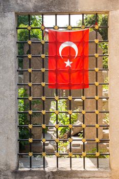 Turkish national flag with white star and moon in the view