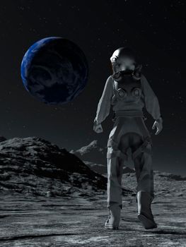 Astronaut at the spacewalk on the moon looking at the earth. 3d rendering.