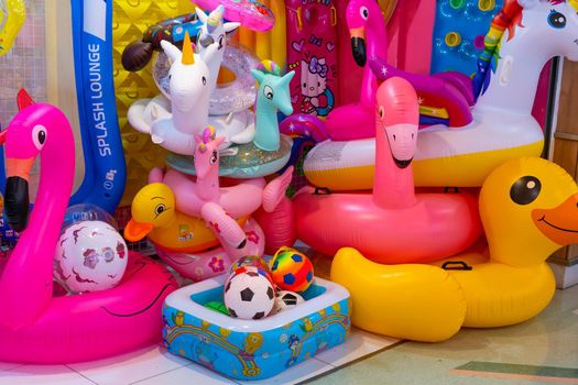 Shop of beach accessories - inflatable rings in the form of animals