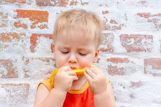 Portrait of child. Cute boy posing with an orange. The emotions of a child. Portrait of a boy against a brick wall.