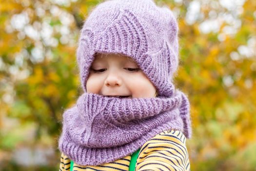 A child in a purple, knitted hat and scarf. Portrait of a child on the background of autumn trees.
