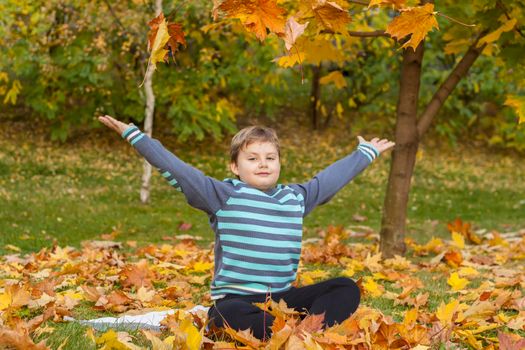 Children play in the autumn Park. The kids throw yellow leaves. Baby boy with a maple leaf. Autumn foliage. Family outdoor activities in the fall. Toddler or preschooler in the fall