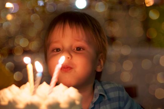 Cute boy blows out candles on his third birthday. The child's birthday. Happiness.