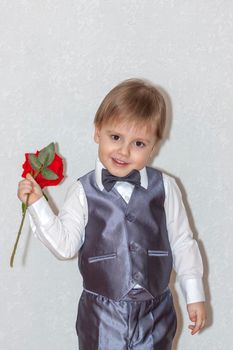 A little boy holds and hands over a red rose, the concept of the Valentine's Day theme. Portrait of a cute boy in a suit with a bow tie. Valentine's Day.