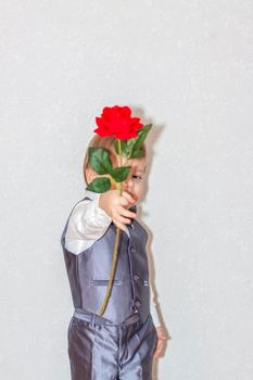 A little boy holds and hands over a red rose, the concept of the Valentine's Day theme. Portrait of a cute boy in a suit with a bow tie. Valentine's Day. 