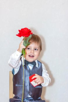 A little boy holds and hands over a red rose, the concept of the Valentine's Day theme. Portrait of a cute boy in a suit with a bow tie. Valentine's Day.