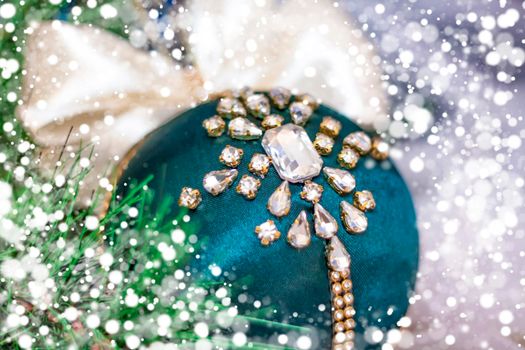 Beautiful Christmas ball for Christmas tree. Ball in rhinestones. New year's greetings, greeting card, calendar. 