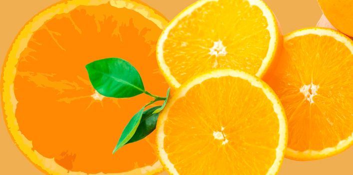 Sliced orange on a bright orange background. Oranges in the panoramic image. Panorama, a banner with space for text or insertion. Pieces of citrus fruit. Template for creative and graphic works.