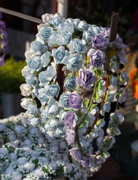 Floral art made of colorful artificial flowers in view