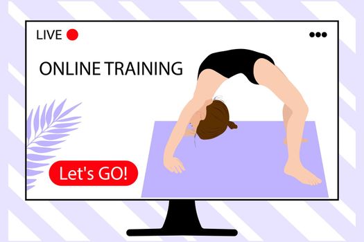 Home sport. Yoga home. Online training. Young girl gymnast exercise sport athlete. Training performance strength gymnastics. Acrobatic gymnastics. Fitness Women. Flat vector illustration.