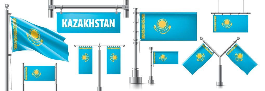 Vector set of the national flag of Kazakhstan in various creative designs.