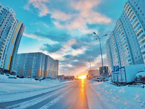 Winter Sunset of Siberian city Surgut