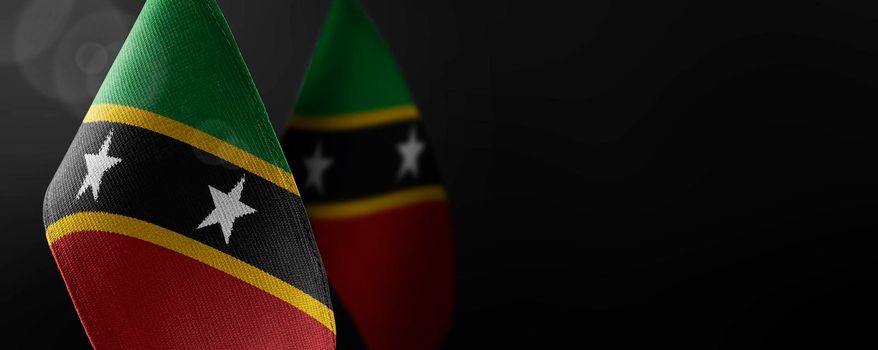 Small national flags of the Saint Kitts and Nevis on a dark background.