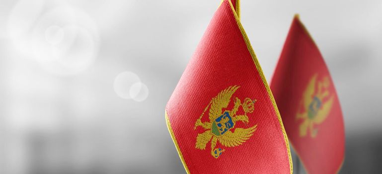 Small national flags of the Montenegro on a light blurry background.