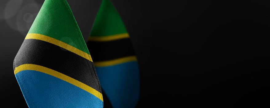 Small national flags of the Tanzania on a dark background.