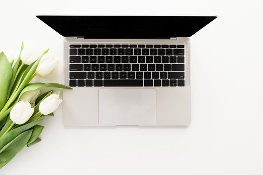 Spring concept. Top view of mock up laptop computer, white tulip flowers