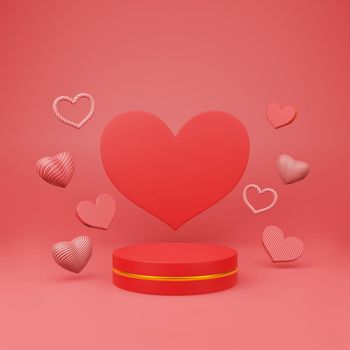 Red podium with golden girdle or stage background for show product and beautiful heart sharp floating stack on red background with copy space 3d render. Happy valentine day concept style.