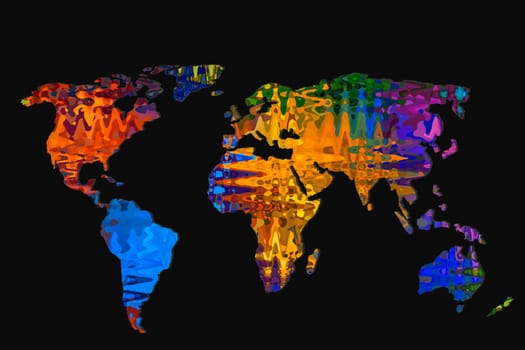 Roughly outlined world map with a colorful background patterns