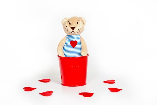 Soft toy bear with an embroidered heart in a red metal bucket on a white background. The concept of a gift to a woman for valentine's day, a symbol of love