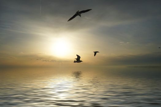 Seascape with a bright sunset reflected in the water surface.
