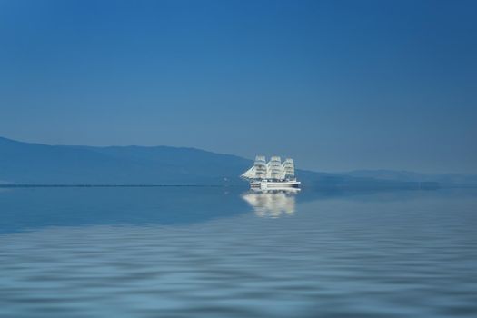 White sailboat Hope against the sea landscape