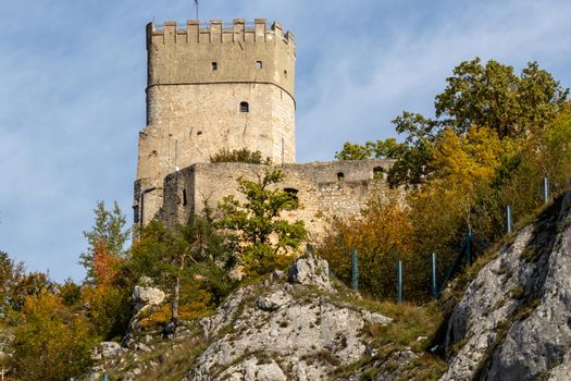 Idyllic view at Randeck castle in Markt Essing in Bavaria, Germany in autunm with multi colored trees