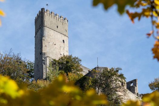 Idyllic view at Randeck castle in Markt Essing in Bavaria, Germany in autunm with multi colored trees