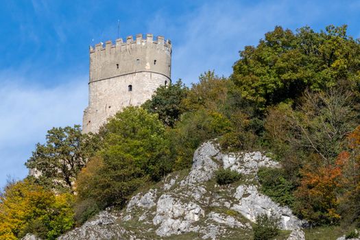 Idyllic view at Randeck castle in Markt Essing in Bavaria, Germany in autunm with multi colored trees