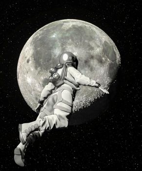 Astronaut walking in space with moon background - 3d rendering