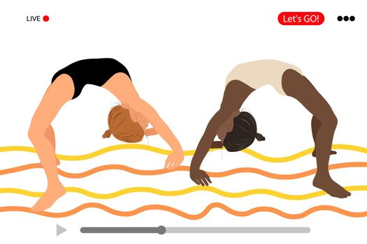 Home sport. Yoga home. Online training. Young girls gymnasts perform exercises. Vector illustration. Training performance strength gymnastics. Fitness Women. Banner. Flat vector illustration.