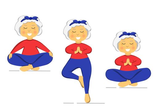 Sporty Granny does Yoga. Old person. Vector colorful cartoon illustration. Senior woman in pose yoga. Exercising for better health. Isolated flat image. Grandma. Grandmother characters set.
