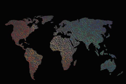 Roughly outlined world map with a colorful background patterns