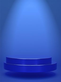 Blue geometric circular background vertical image showing simple podium prototype and commercial product concept 3D rendering