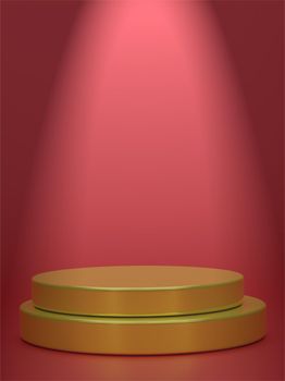 Vertical picture golden geometric sphere background display podium prototype simple podium and commercial product concept red background scene 3d rendering.