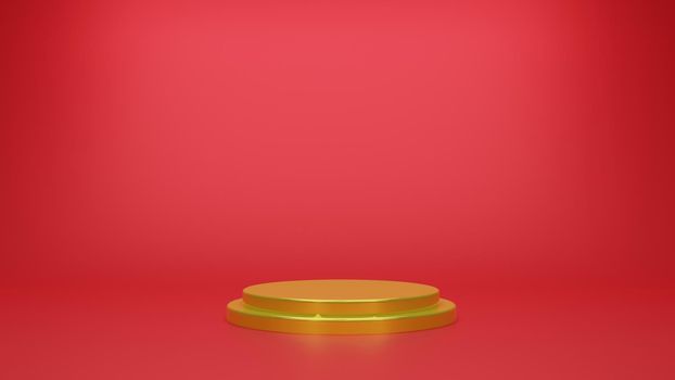 Golden geometric sphere background simple podium prototype pallet display and commercial product concept scene red background 3d rendering.