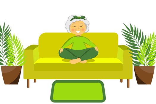 Sporty Granny does yoga on a sofa. Old person. Vector colorful cartoon illustration. Senior woman in pose yoga. Exercising for better health. Isolated flat image. Grandma. Grandmother character.