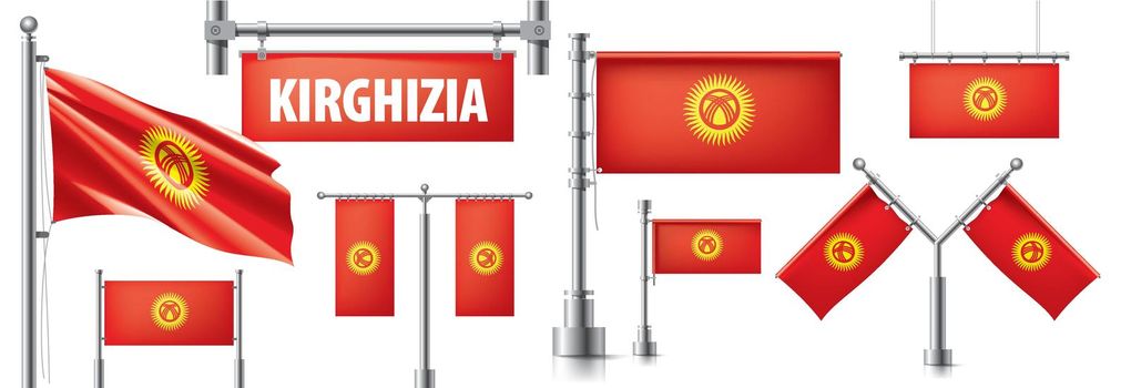 Vector set of the national flag of Kirghizia in various creative designs.