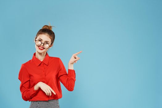 Business woman red shirt wearing glasses secretary lifestyle emotions. High quality photo