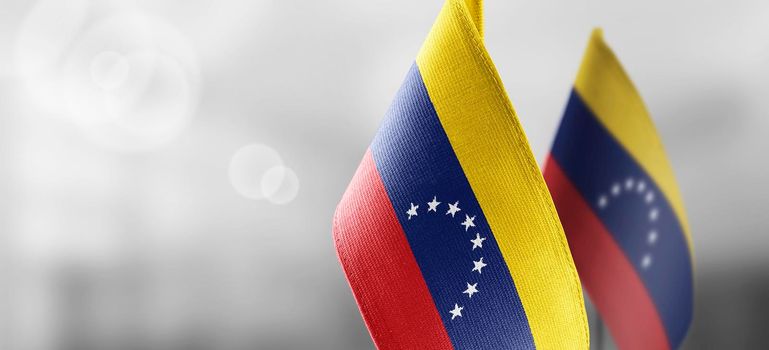 Small national flags of the Venezuela on a light blurry background.