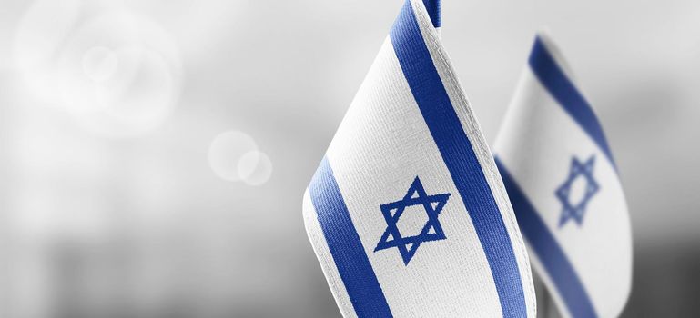 Small national flags of the Israel on a light blurry background.