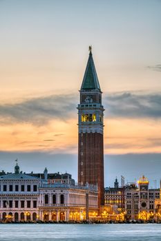 View to Piazza San Marco in Venice after sunset with the famous Campanile