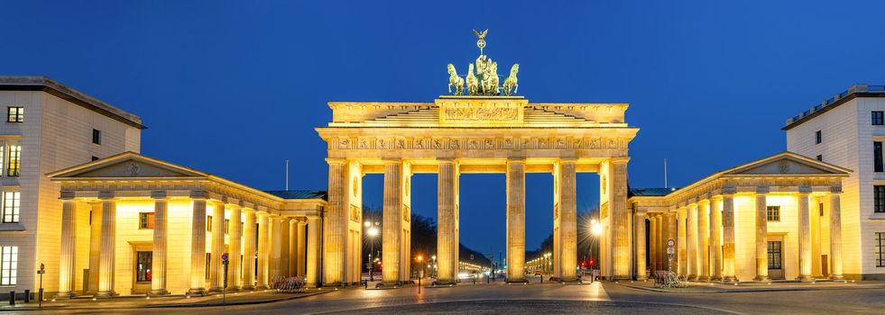 Panorama of the famous Brandenburg Gate in Berlin at night