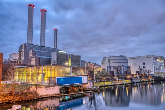 Cogeneration plant at the river Spree in Berlin at twilight