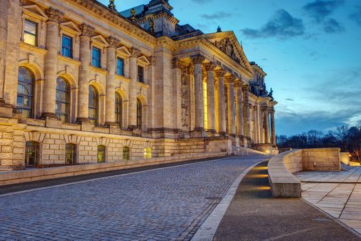 The entrance of the famous Reichstag in Berlin at dawn