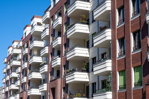 Modern apartment buildings with balconies seen in Berlin, Germany