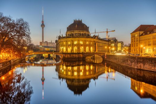 The Bode Museum and the Television Tower in Berlin on a clear sky morning