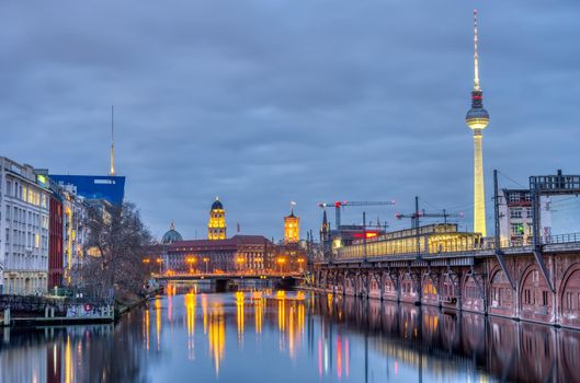 The river Spree in Berlin with the Television Tower at dusk