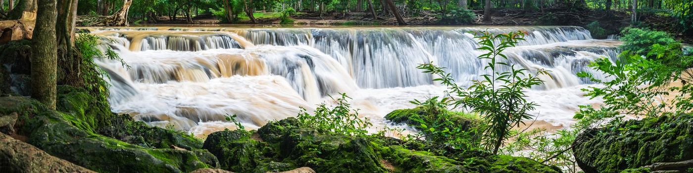 Panorama Waterfall in a forest on the mountain in tropical forest at National park Saraburi province, Thailand