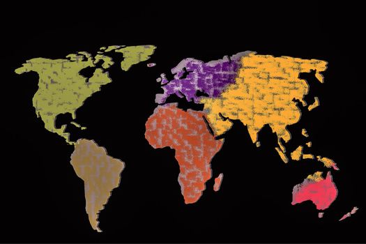 Roughly outlined world map with a colorful background patterns